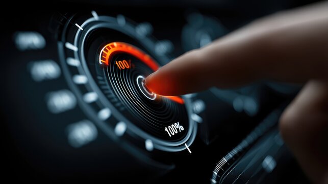 Hand touching a virtual dashboard, glowing sales target achievement meter hitting 100%, business performance concept 