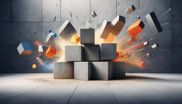 conceptual abstract minimalist product display background featuring a textured brute concrete wall and a cluster of geometric blocks exploding conceptualizing innovation and modern construction
