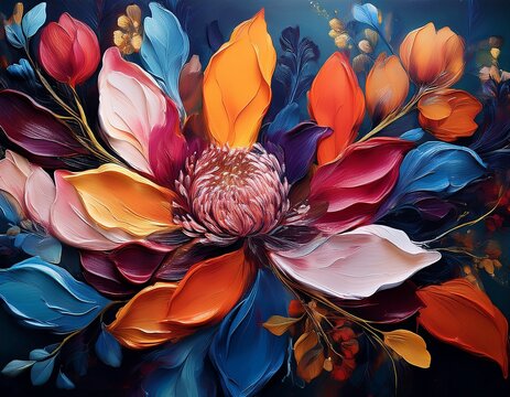 expressionist floral botanical canvas showcasing a blend of bold colors and dark tones