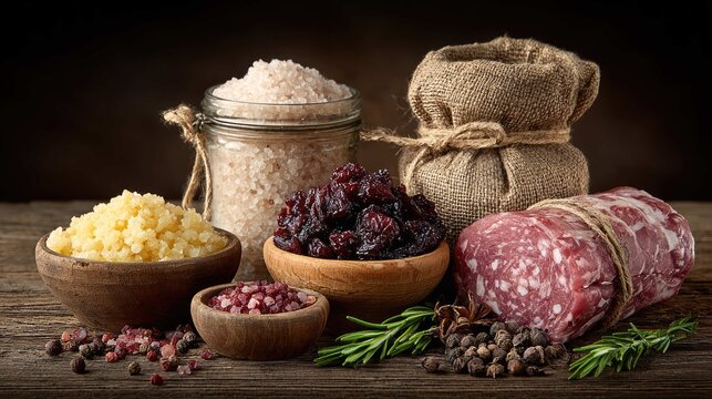 Assortment of Gourmet Ingredients Including Sea Salt, Dried Fruit, Herbal Spices, and Cured Meat on Rustic Wooden Table