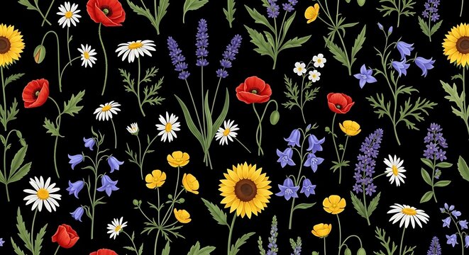 Colorful botanical wildflower pattern with sunflowers and poppies