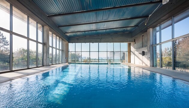 modern indoor swimming pool with crystal clear blue water reflecting sunlight from large floor to ceiling windows in a luxury minimalist spa or gym with industrial concrete ceiling