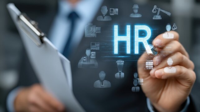 HR manager looking at employee file, holographic labor law icons and fair practice checklist overlay, human resources compliance concept 