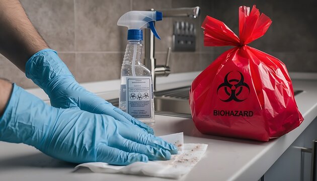 A person wearing blue gloves cleans a surface with a cloth next to a biohazard bag and a spray bottle in a kitchen.