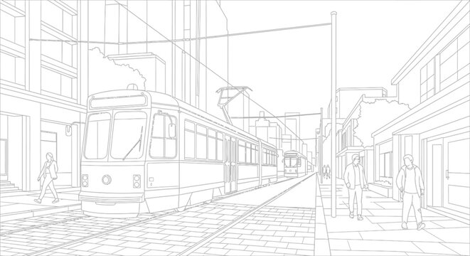 Detailed Line Drawing of Urban City Perspective View.