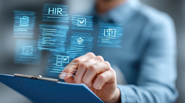 HR manager looking at employee file, holographic labor law icons and fair practice checklist overlay, human resources compliance concept 