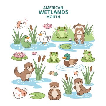 Cute Cartoon Wetland Animals Enjoying Their Natural Habitat