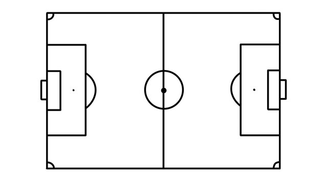 Soccer Field Outline Vector Illustration: Top-Down View of Football Pitch Layout, Black and White Line Art, Transparent