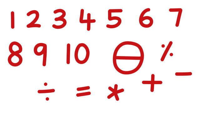 Hand-Drawn Red Numbers and Math Symbols Set Illustration on White Background; One to Ten, Percent, Plus, Minus, Multiply, Divide, Equal, Transparent