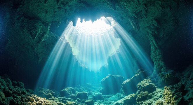 Sunbeams illuminate underwater cave creating ethereal light shafts.