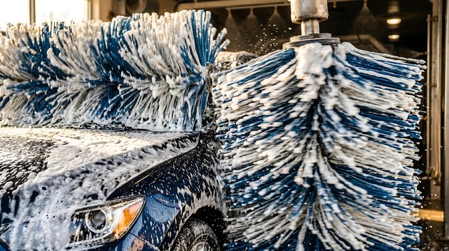 Commercial space machine wash cleaning a vehicle in a professional auto spa