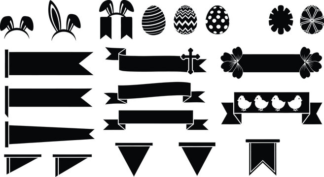 Black easter holiday icons set with rabbit ears eggs ribbons banners and chicks for spring design