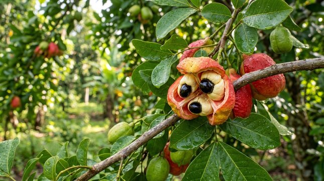 Ripe ackee fruit bursting open on a branch, revealing its edible arils with black seeds, surrounded by green leaves on a tree in a tropical setting