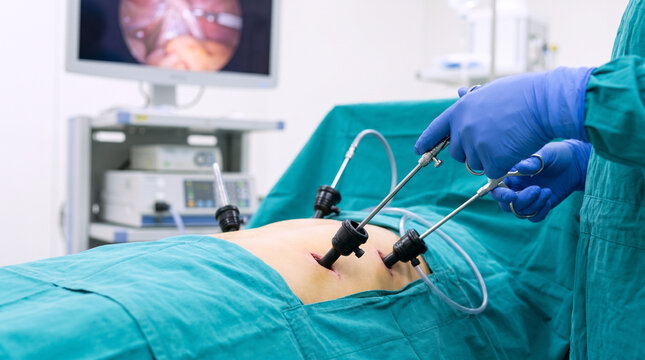 Surgeon performing laparoscopic abdominal surgery with instruments inserted into patient in operating theatre