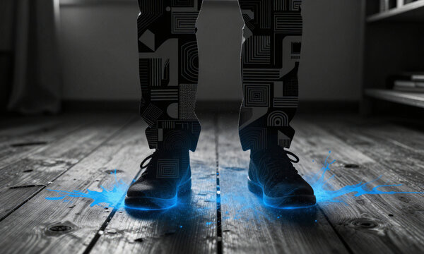 vibrant blue luminol splash illuminates worn wooden floor dimly lit room captured dramatic intense ethereal glow