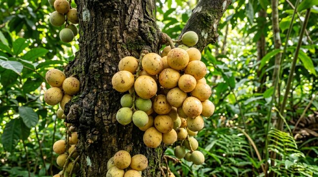 Abundant clusters of exotic yellowish-green tropical fruit, known as langsat or duku, thriving on a tree in a lush vibrant jungle, highlighting natural produce
