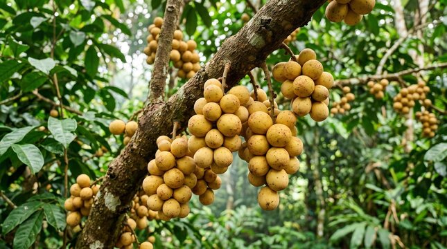 Ripe Langsat fruits, also known as Duku, hang abundantly from a tropical tree branch amidst lush green foliage in a natural forest environment