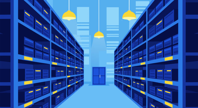 Digital Data Storage Server Room Illustration, Large Network Rack Storage, Secure Technology Data Center, Vector Art