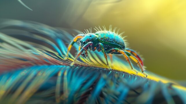 Vibrant, iridescent insect crawls delicately over feathered surface. Fuzzy body glows with teal, blue, and gold hues. Soft-focus background blurs into warm, glowing bokeh