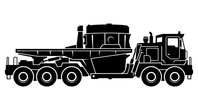 Black silhouette vector icon of a heavy-duty metallurgical industrial transport vehicle carrying a large slag pot or ladle.