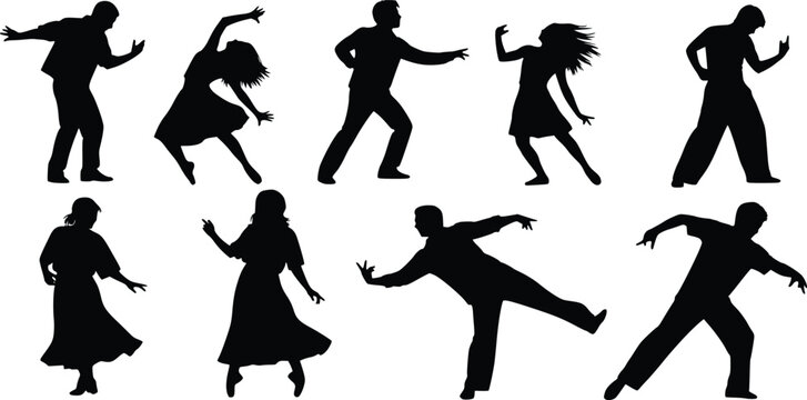 Dancing Silhouettes, People Dancing, Black and White Vector Illustration