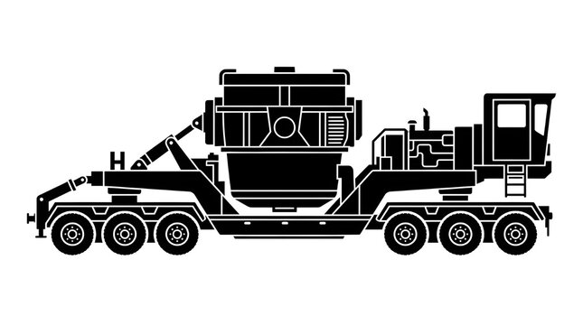 Black silhouette vector icon of a heavy industrial slag ladle transporter vehicle with hydraulic arms, isolated on white.