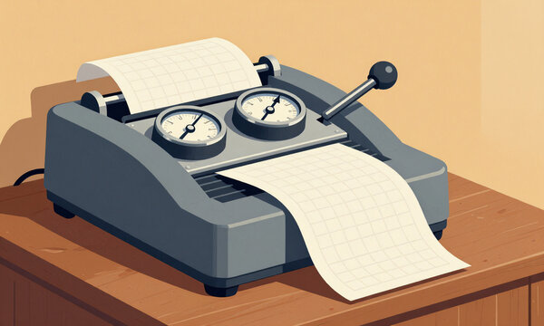 vintage polygraph lie detector machine sits weathered wooden desk chrome dials glinting soft warm studio lighting graph