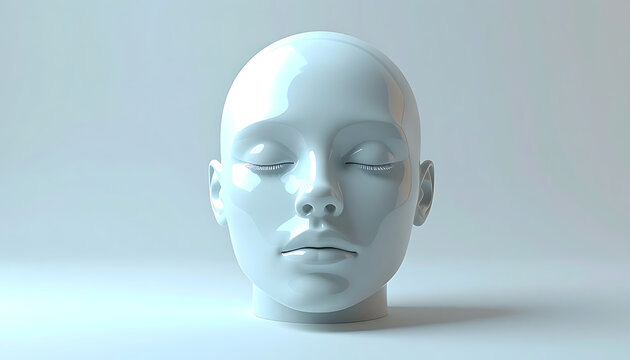 Isolated 3D render of a pale, smooth human head model with closed eyes, facing forward with subtle lighting, ideal for concepts of artificial intelligence, identity, or digital representation