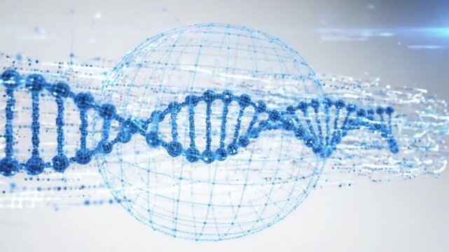 Futuristic scientific visualization of a DNA double helix merging with a global network sphere, illustrating breakthroughs in genomics, biotechnology, and data science