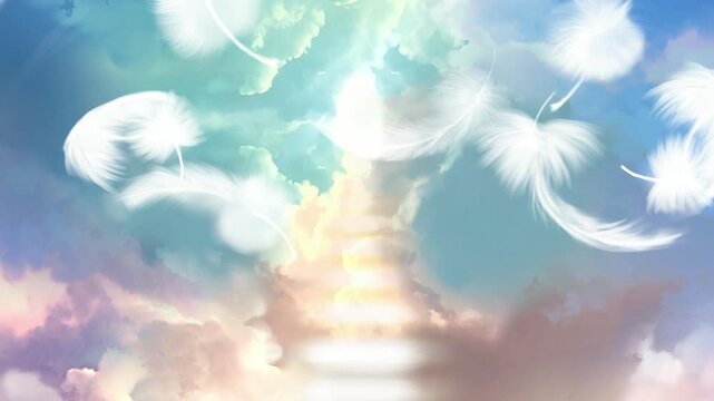 オーロラ色の空の中に光りさす太陽光と天国に続く雲の道の天国背景動画