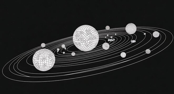 Abstract wireframe model of a planetary system in deep space