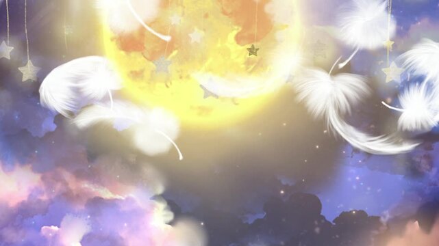 御伽噺のような雲海の背景セットと夜空から降る星屑のイラスト