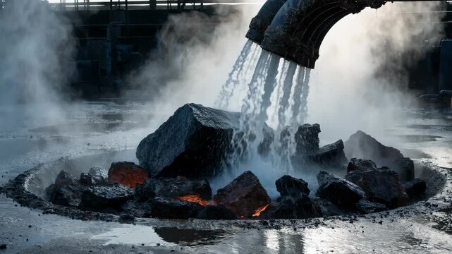 Medium shot capturing water quenching of molten slag in a granulation pit with steam billowing highlighting the interaction between water and hot slag for solidification.