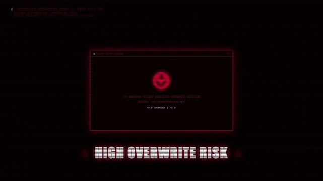 High Overwrite Risk Notification Warning Displaying Satellite Telemetry Line Direct Directory Overwrite Detected Alert Icon Red HUD Terminal Background.
