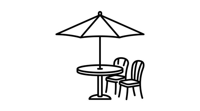 Outdoor patio table with umbrella and chairs line art.