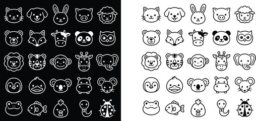 Animal Face Icons Line Art Style On Black And White Backgrounds © Mashiat Tanin Saz