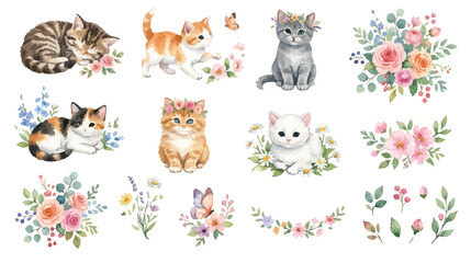 Obraz premium Adorable baby cats clipart with flowers, butterflies and pastel leaves collection. Collection of Vector illustrations for invitation, card, poster, banner, decoration