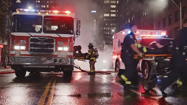 Emergency Responders at Night Scene with Fire Truck and Ambulance.