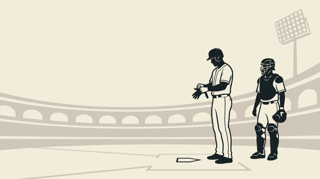 Baseball player and catcher standing on a baseball field with stadium