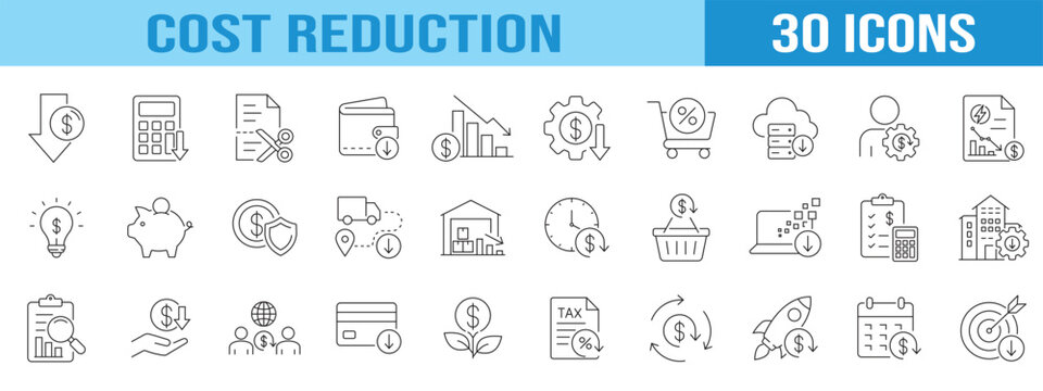 collection of cost reduction icons, editable stroke.	
