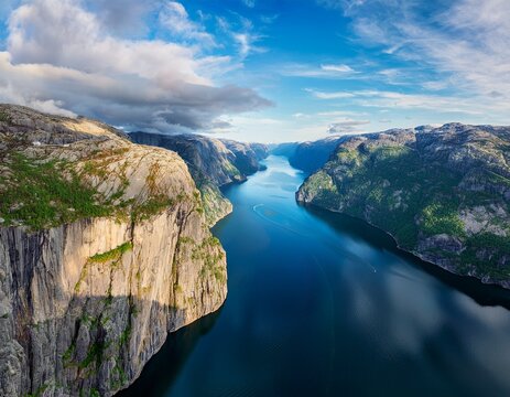 a breathtaking drone aerial view of a norwegian fjord showcasing towering cliffs lush greenery and the crystal clear waters of the fjord kjerag lysebotn lysefjorden norway