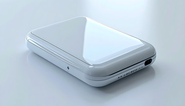 Isolated sleek white portable external hard drive, digital storage device reflecting soft light on a clean surface, technology concept