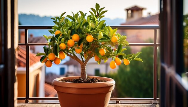 a kumquat tree growing in a terracotta pot on a sunny balcony symbolizing home gardening and sustainability