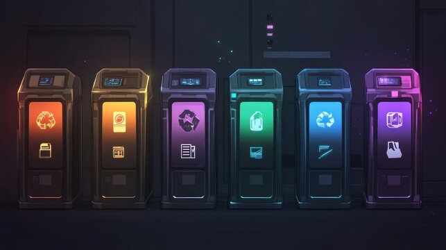 Futuristic recycling bins with vibrant color displays showing various waste types.