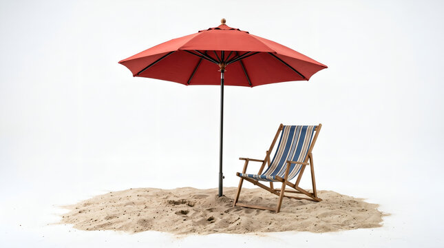 Red beach umbrella and striped deckchair on patch of sand, white background