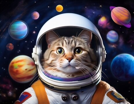 a charming cat in a space suit gazes at colorful planets embodying a whimsical blend of adventure and curiosity in outer space