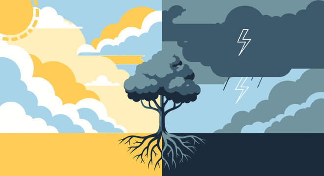This compelling illustration vividly portrays the stark contrast between a bright, sunny sky and a dark, stormy one, symbolizing life's inherent duality and emotional balance.