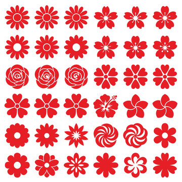 Red flower shapes icons on white.