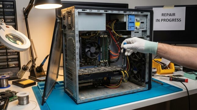 Computer technician repairing a desktop PC. Hand with screwdriver working on internal hardware inside an open computer case on a workbench.