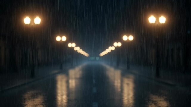 A long, wet city street is illuminated by rows of glowing streetlights during a heavy rain shower, creating a moody and atmospheric scene.